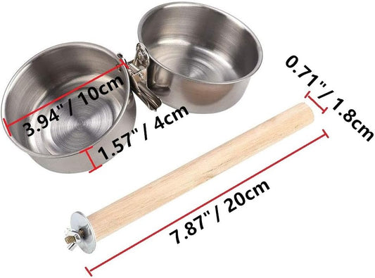 Bird Perch with Feeder CupsBowls Stainless Steel Odorless with Holder Hanger for Outside Durable Water Food Dispenser for Parakeet Cockatiel Conure African Grey Macaw Cage Accessories (B-20CM)