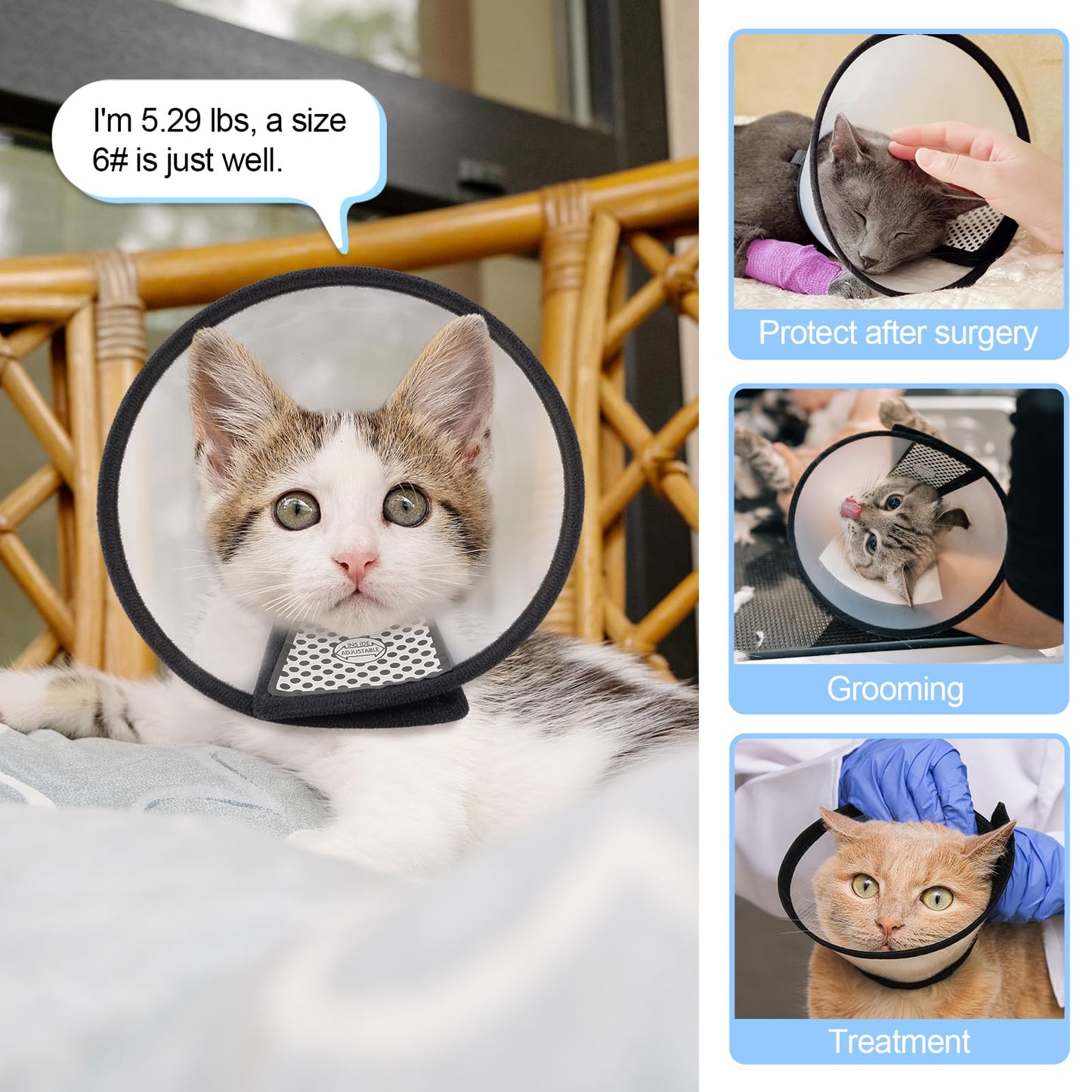 Cat Collar - Dog Cone - Anti-Lick Collar - Anti-Bite - Anti-Scratch - Adjustable - Soft Edge - Comfortable - Lightweight - Velcro Closure - Transparent - Washable - Neck Collar - Training Collar - Kitten - Small Cat - M - 18-21 cm - 1 Piece