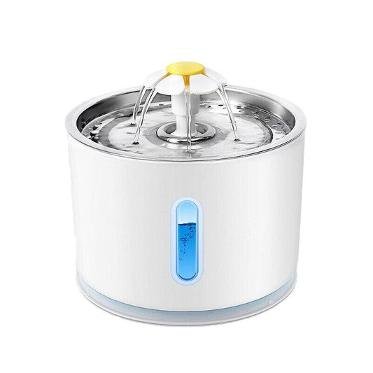 White pet water fountain with a blue indicator on a white background