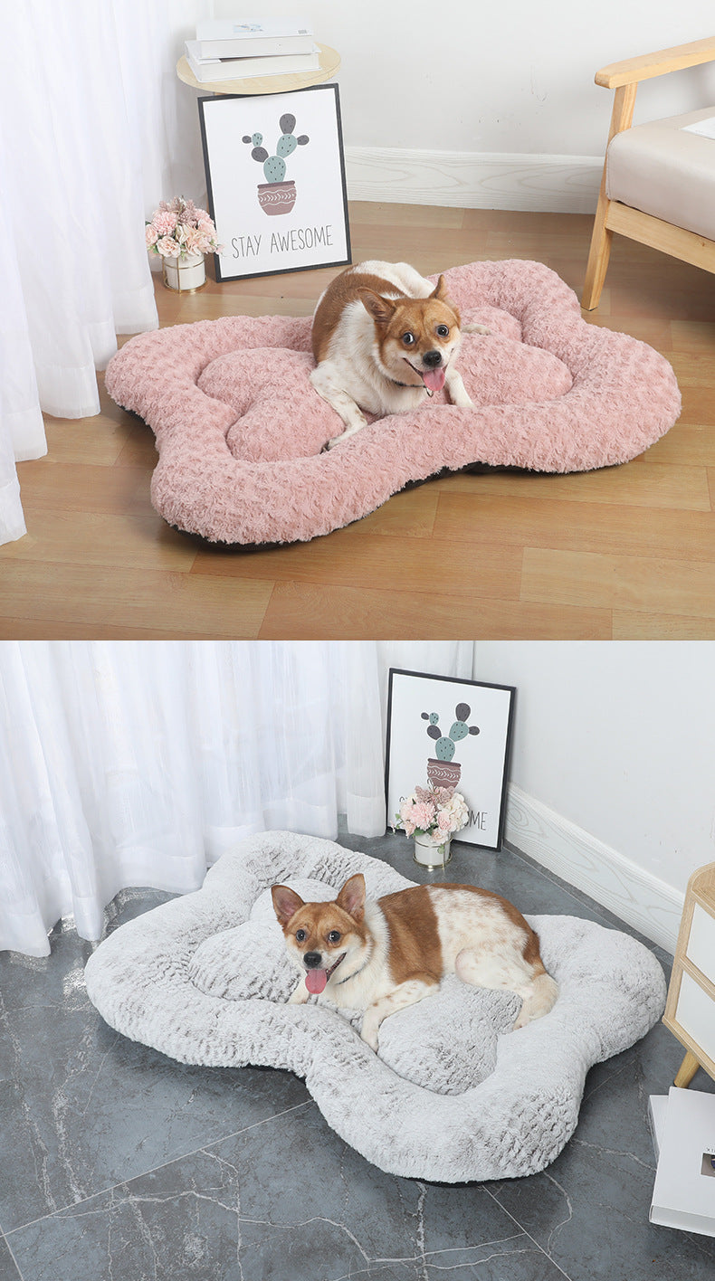 S Pink Rose Velvet Fish Scale Pet Bed - Creative Bone-Shaped Soft and Cozy Dog & Cat Nest