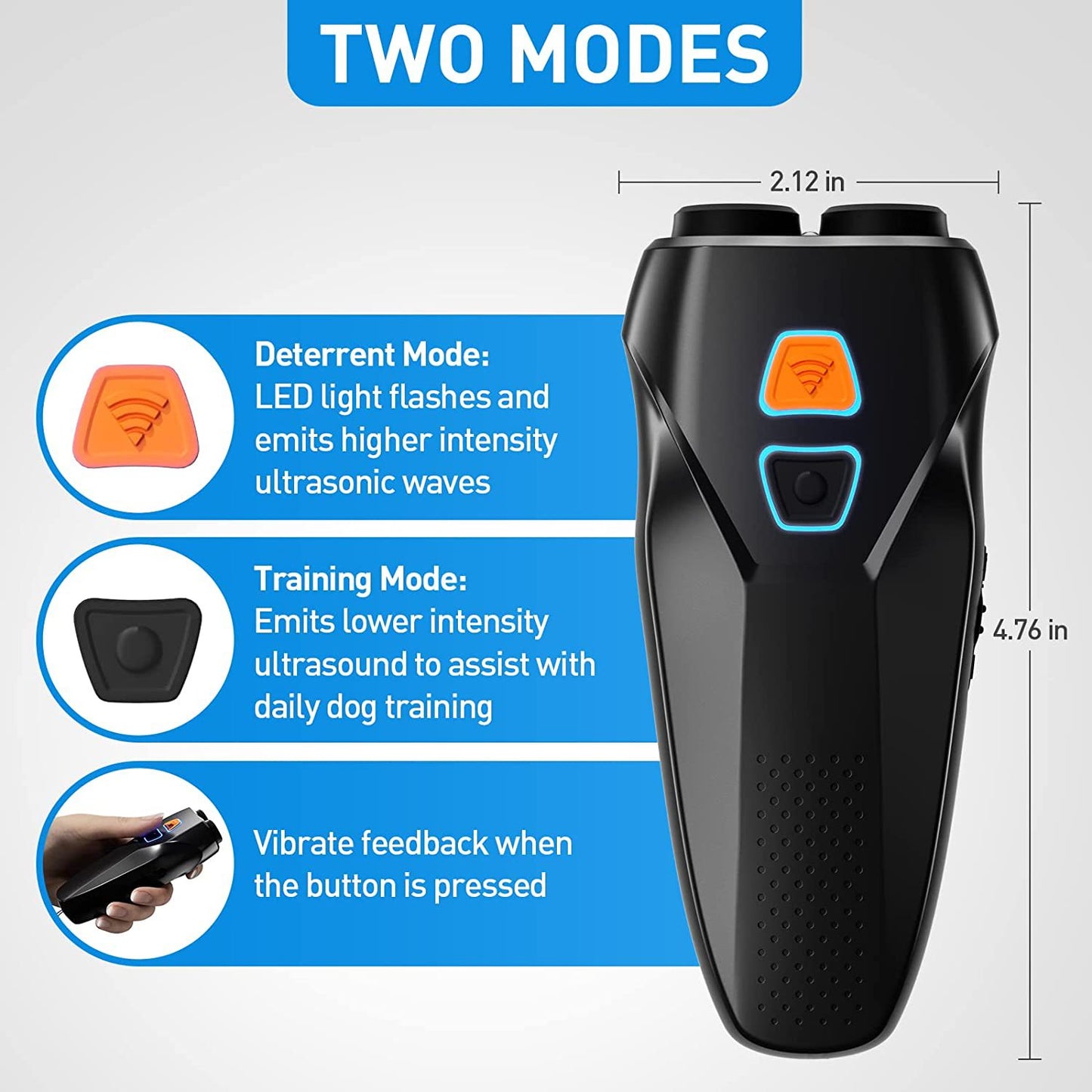Black USB Rechargeable Dual-Head Ultrasonic Dog Repeller - High-Power Anti-Bark Device, 142x95x41mm, 140.6g