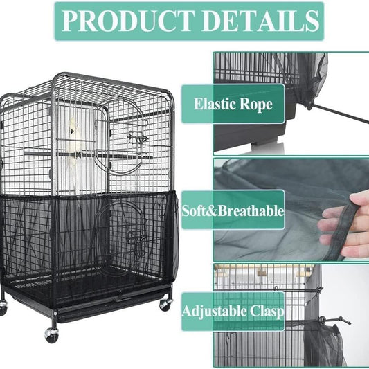 S Black【Height 17, Circumference 110】 Large Bird Cage Seed Catcher Net Cover - Adjustable Mesh Guard Splash-Proof Dust Cover for Indoor Outdoor Cages