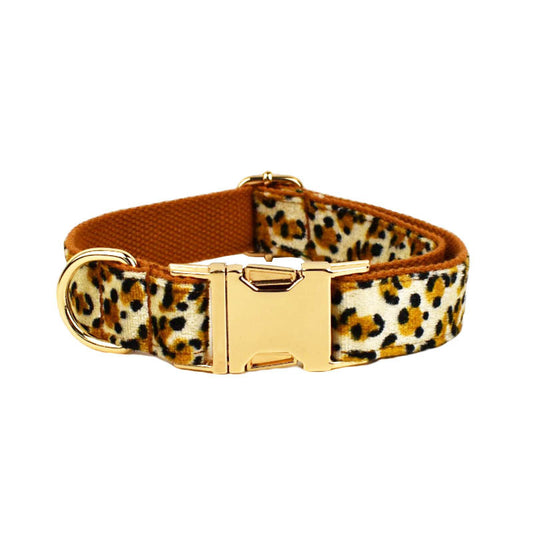 M Luxury 5 Piece Dog Harness and Collar Set Leopard Print with Leash Bow Tie & Waste Bag Holder Gold Metal Buckle Walking Gear