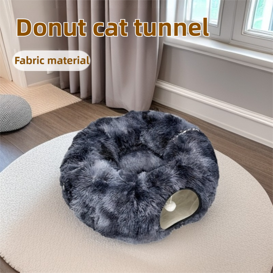 2-in-1 Dark Blue Tie-Dye Donut-Shaped Cat Tunnel Bed - Spacious 85cm Pet Play Tunnel & Lounger, Durable Fabric for Cats & Kittens