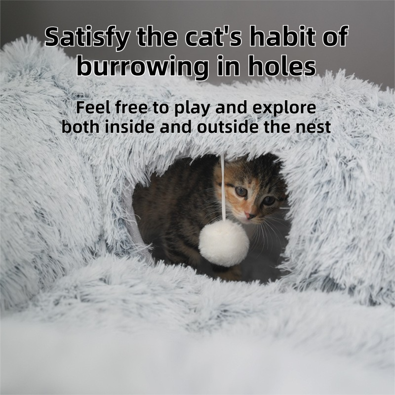 2-in-1 Dark Blue Tie-Dye Donut-Shaped Cat Tunnel Bed - Spacious 85cm Pet Play Tunnel & Lounger, Durable Fabric for Cats & Kittens
