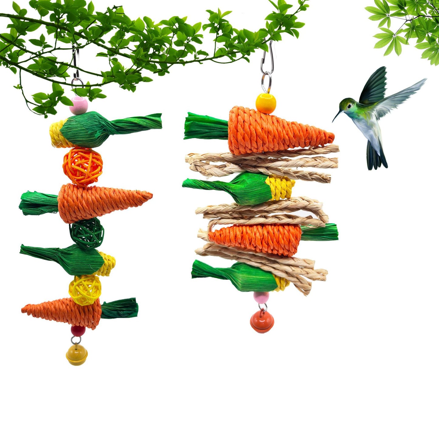 2-Pack Radish Vine Ball Skewers Bird Chew Toy for Parrots, Budgies, Hamsters, Rabbits & Small Pets – Hanging Carrot-Shaped Enrichment Toy with Natural Fibers for Beak Grinding and Mental Stimulation