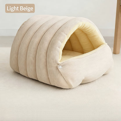High-Elasticity Warm Cat Bed: 57×37×28cm Wrapped Design, Striped Fleece + Arctic Fleece Heat Retention, Removable & Washable（light purple）