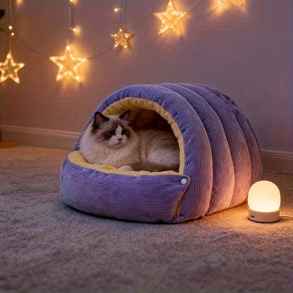 High-Elasticity Warm Cat Bed: 57×37×28cm Wrapped Design, Striped Fleece + Arctic Fleece Heat Retention, Removable & Washable（light GREEN）