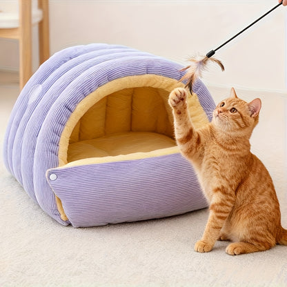 High-Elasticity Warm Cat Bed: 57×37×28cm Wrapped Design, Striped Fleece + Arctic Fleece Heat Retention, Removable & Washable（light GREEN）