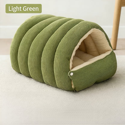 High-Elasticity Warm Cat Bed: 45×30×19cm Wrapped Design, Striped Fleece + Arctic Fleece Heat Retention, Removable & Washable（light purple）