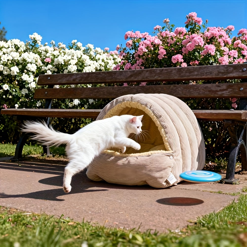 High-Elasticity Warm Cat Bed: 45×30×19cm Wrapped Design, Striped Fleece + Arctic Fleece Heat Retention, Removable & Washable（light purple）