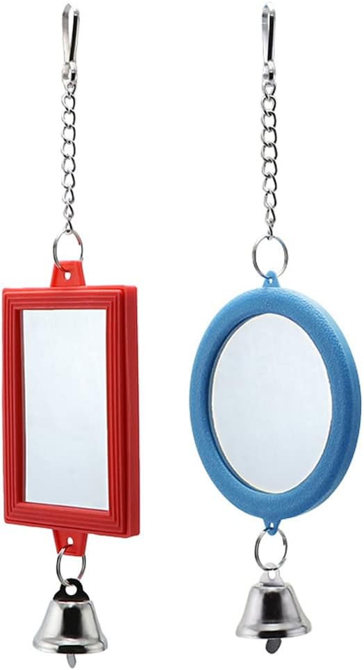 2-Piece Parrot Mirror Toy Hanging with Bells Pendant Bird Cage Accessories for Bird Parrot Budgie Parakeet Cockatiel Conure Lovebird Finch Canary Random Color （ 1pc Square +1pc Circle） …