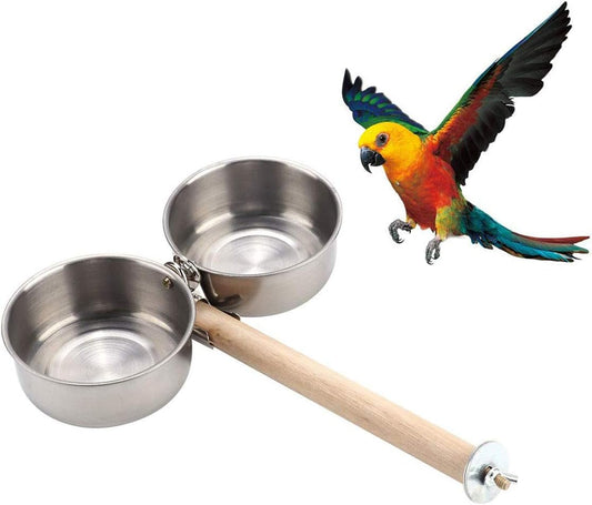Bird Perch with Feeder CupsBowls Stainless Steel Odorless with Holder Hanger for Outside Durable Water Food Dispenser for Parakeet Cockatiel Conure African Grey Macaw Cage Accessories (B-20CM)
