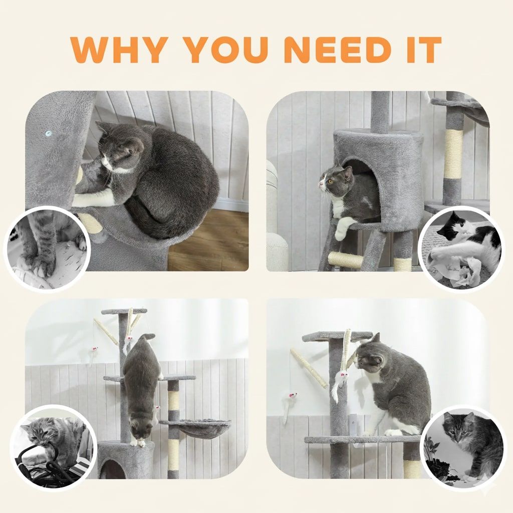 CARLA HOME 134cm Cat Tree for Indoor Cats with Hammock, Plush Perch & Sisal Scratching Posts for Kittens & Adult Cats (Light Grey)