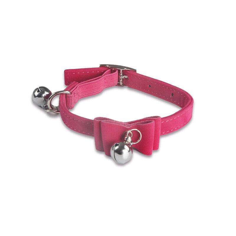 1× Adjustable Suede Cat Collar with Bow Bell Pink Blue Black Red - Dark Red