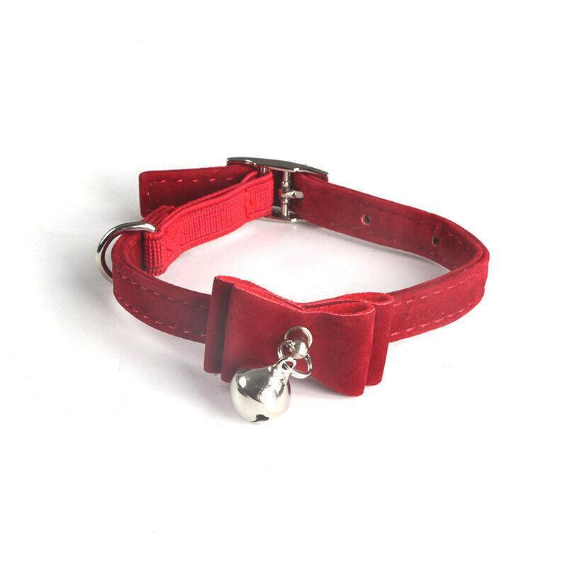 1× Adjustable Suede Cat Collar with Bow Bell Pink Blue Black Red - Dark Red