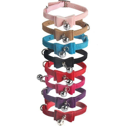 1× Adjustable Suede Cat Collar with Bow Bell Pink Blue Black Red - Purple