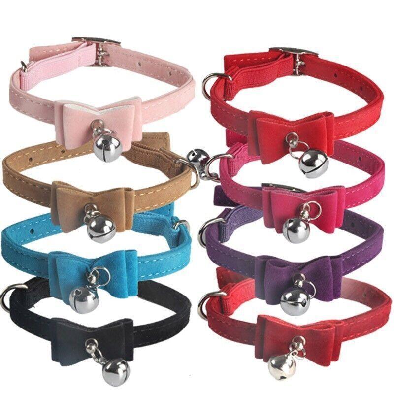 1× Adjustable Suede Cat Collar with Bow Bell Pink Blue Black Red - Purple