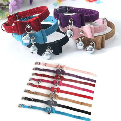 1× Adjustable Suede Cat Collar with Bow Bell Pink Blue Black Red - Purple