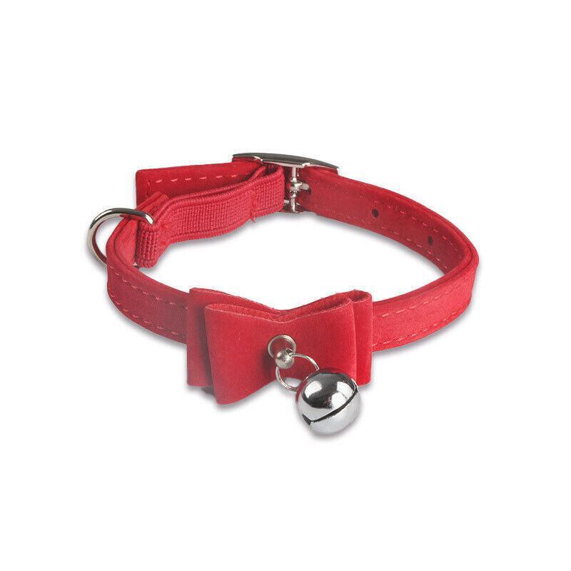 1× Adjustable Suede Cat Collar with Bow Bell Pink Blue Black Red - Purple