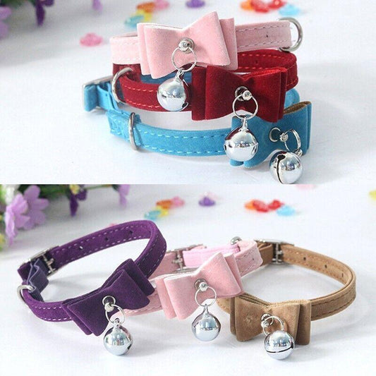 1× Adjustable Suede Cat Collar with Bow Bell Pink Blue Black Red - Red
