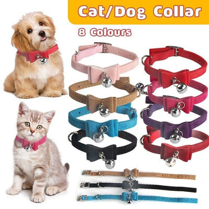 1× Adjustable Suede Cat Collar with Bow Bell Pink Blue Black Red - Red