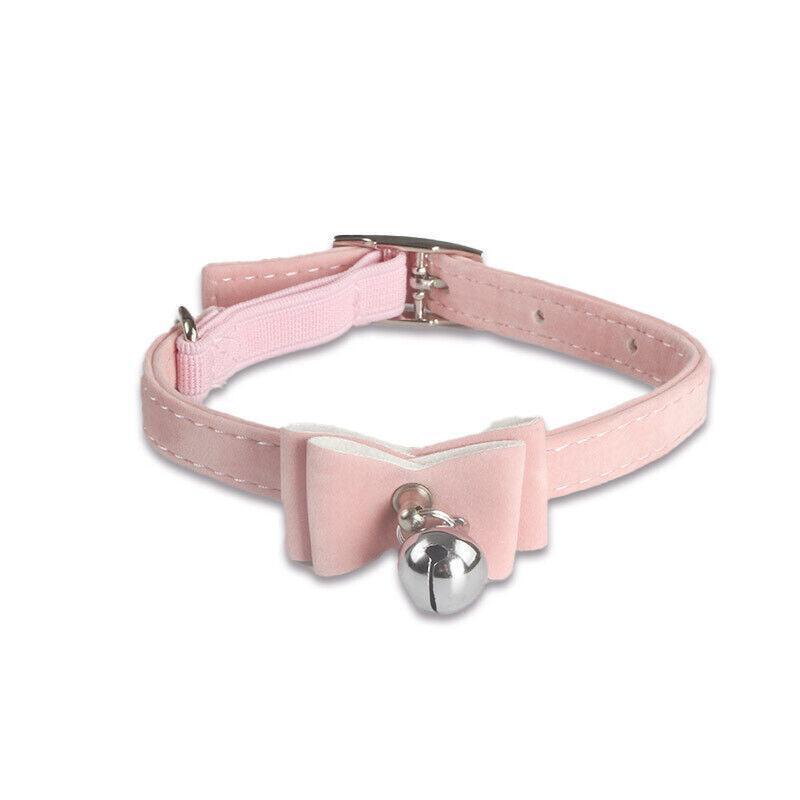 1× Adjustable Suede Cat Collar with Bow Bell Pink Blue Black Red - Red