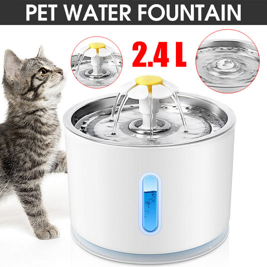 Pet water fountain with a cat looking at it, featuring insets of water flow and water level indicator.