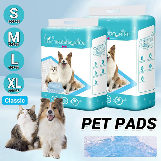 Packaging of pet training pads with images of dogs and cats, and size indicators on a light blue background.