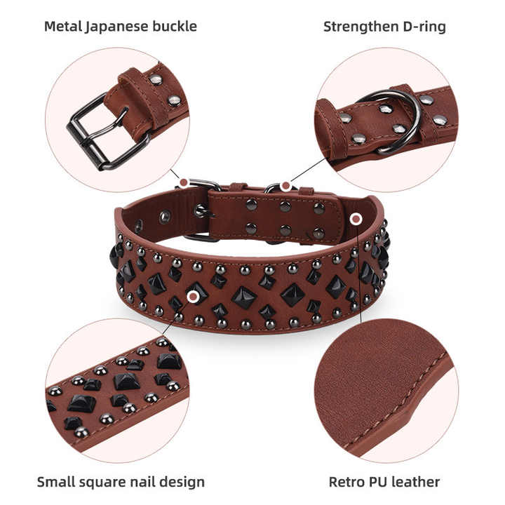 Size L Brown 1 pack Stylish PU Leather Dog Collar with Spikes - Adjustable, Durable & Comfortable for Medium to Large Breeds