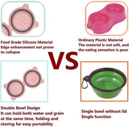 Dark Blue Portable Collapsible Pet Bowl Set - Food-Grade Silicone Double Bowl for Dogs & Cats, Anti-Slip & Easy to Clean