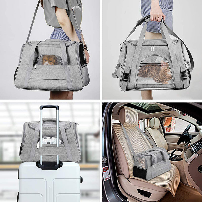 Portable Pet Bag for Small Dogs and Cats - Light blue Travel Tote with Pet Mat (44x25x28cm)