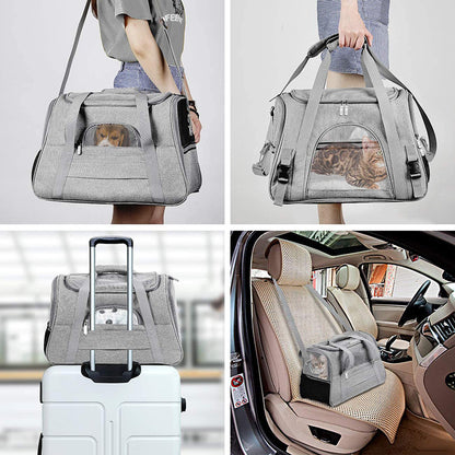 Portable Pet Bag for Small Dogs and Cats - Light blue Travel Tote with Pet Mat (44x25x28cm)