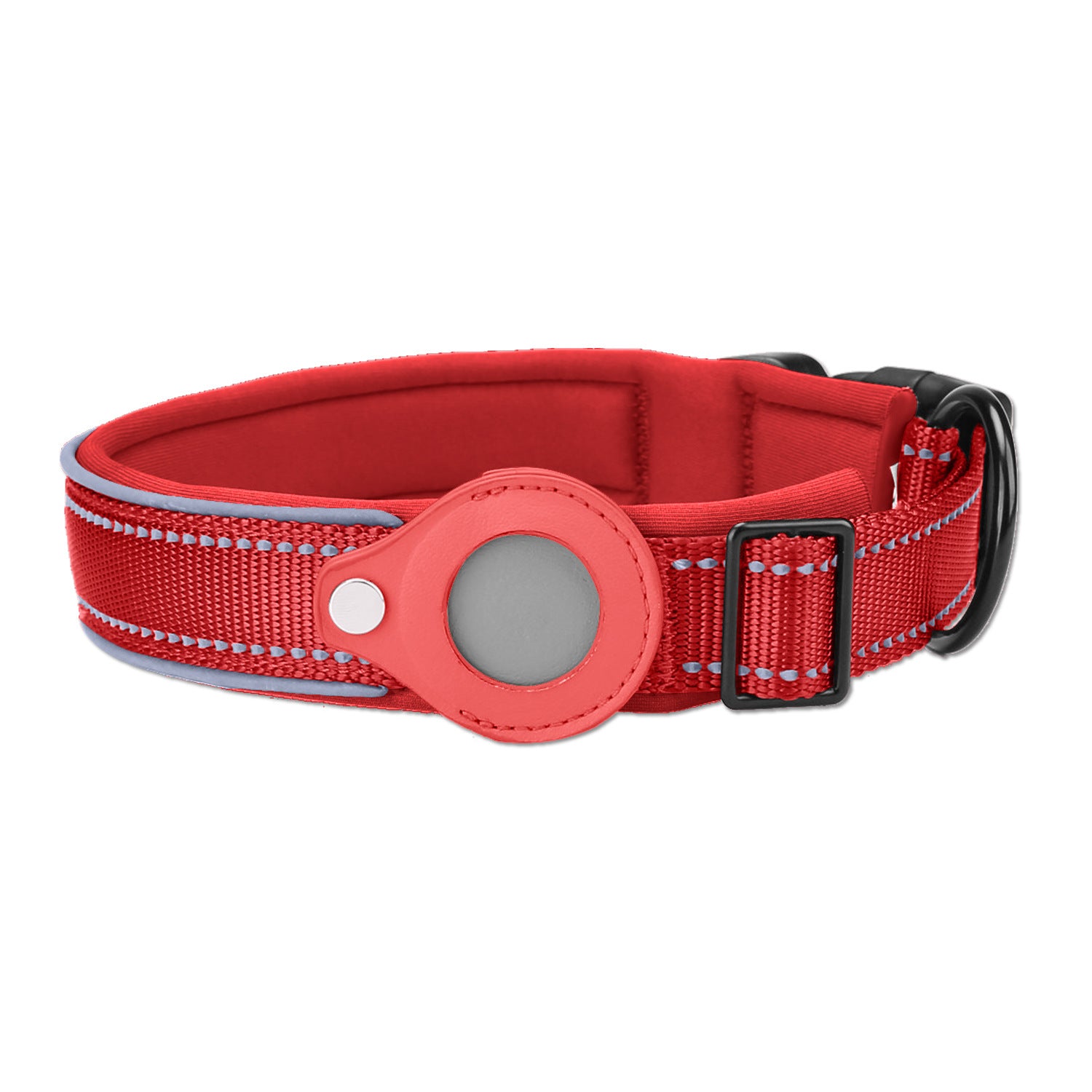 L Red Secure Nylon Dog Collar with Built-in Apple AirTag (not included) Holder Case - Pet Tracker Accessory