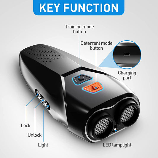 Silver USB Rechargeable Dual-Head Ultrasonic Dog Repeller - High-Power Anti-Bark Device, 142x95x41mm, 140.6g