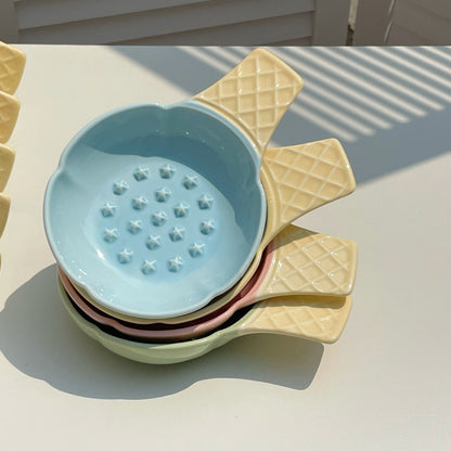 Green and Yellow Adorable Ice Cream Cone Ceramic Slow Feeder Pet Bowl - Fun Anti-Gulp Design for Cats & Dogs