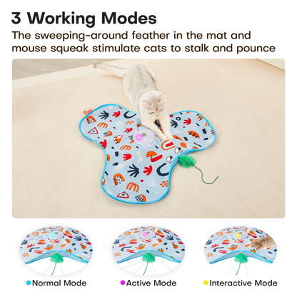 Green Interactive Cat Toys Rechargeable,Moving Concealed Feathers,Real Mouse Squeaky,Touch Activated Cat Kitten Toy Exercise Toys for Indoor Bored Adult Cats