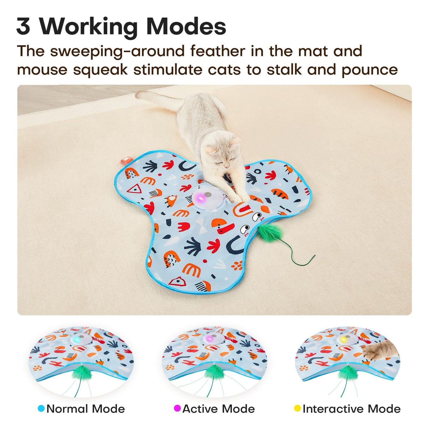 Yellow Interactive Cat Toys Rechargeable,Moving Concealed Feathers,Real Mouse Squeaky,Touch Activated Cat Kitten Toy Exercise Toys for Indoor Bored Adult Cats