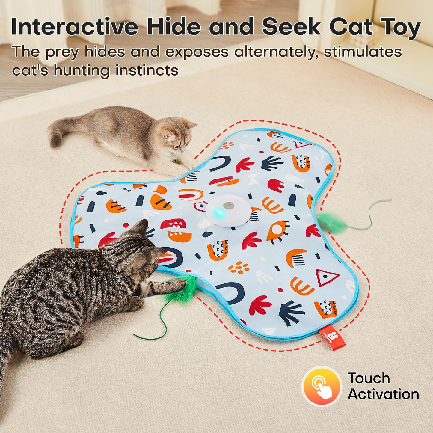 Blue Interactive Cat Toys Rechargeable,Moving Concealed Feathers,Real Mouse Squeaky,Touch Activated Cat Kitten Toy Exercise Toys for Indoor Bored Adult Cats