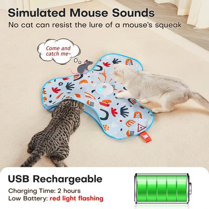 Dark Blue Interactive Cat Toys Rechargeable,Moving Concealed Feathers,Real Mouse Squeaky,Touch Activated Cat Kitten Toy Exercise Toys for Indoor Bored Adult Cats
