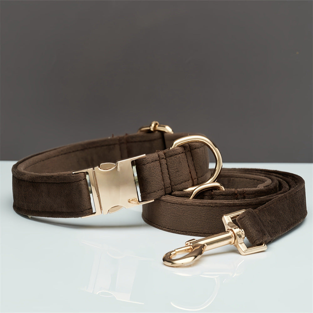 XS Brown Luxury Velvet Pet Collar & Leash Set - Engravable Dog Collar with Gold Hardware