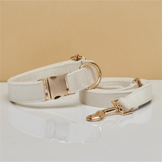 S Beige Luxury Velvet Pet Collar & Leash Set - Engravable Dog Collar with Gold Hardware