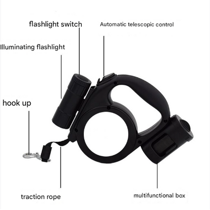 Black 3-in-1 Retractable Dog Leash with LED Flashlight and Waste Bag Dispenser 5m Nylon Lead for Dogs up to 20kg Essential Pet Walking Gear