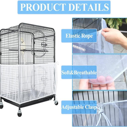 M Black【Height 20, Circumference 170】 Large Bird Cage Seed Catcher Net Cover - Adjustable Mesh Guard Splash-Proof Dust Cover for Indoor Outdoor Cages