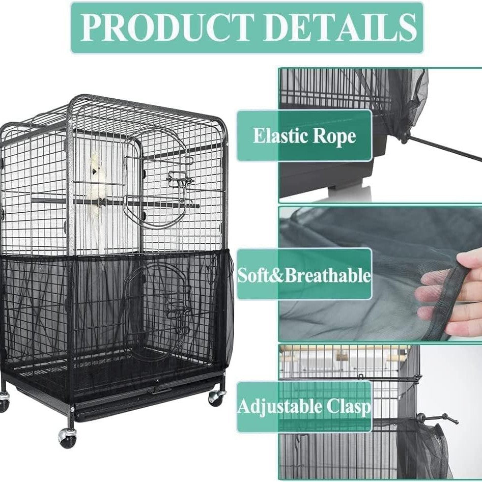 L Black【Height 30, Circumference 220】 Large Bird Cage Seed Catcher Net Cover - Adjustable Mesh Guard Splash-Proof Dust Cover for Indoor Outdoor Cages