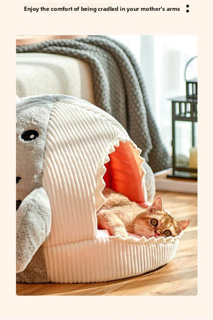 Novelty Shark Pet Cave Bed Enclosed Cozy Sleeping Nest for Cats and Small Dogs Soft Flannel Year Round Comfort Light Blue M Size