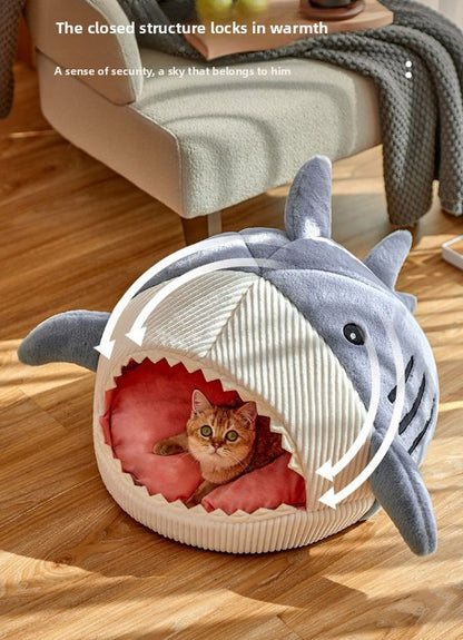 Novelty Shark Pet Cave Bed Enclosed Cozy Sleeping Nest for Cats and Small Dogs Soft Flannel Year Round Comfort Light Blue L Size