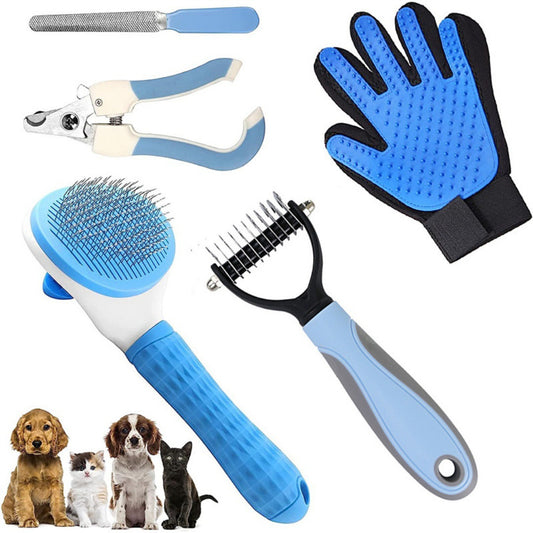 5-in-1 Pet Grooming Kit Blue - Stainless Steel Deshedding Rake, Self-Cleaning Slicker Brush, Grooming Glove & Nail Trimmer Set for Dogs & Cats