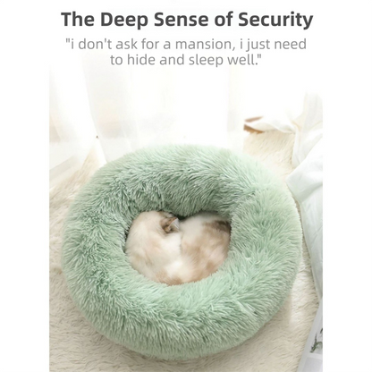 Pink Cozy Donut Long Plush Cat & Dog Calming Bed(Diameter 50cm) - Double-Layer PP Cotton Filling Warming Pet Bed with Anti-Slip Base & Free Blanket