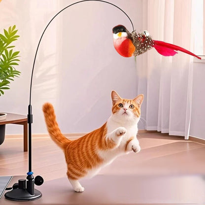 Interactive Self-Play Cat Wand with Suction Base, Feather & Bell - Automatic Bouncing Teaser(White)